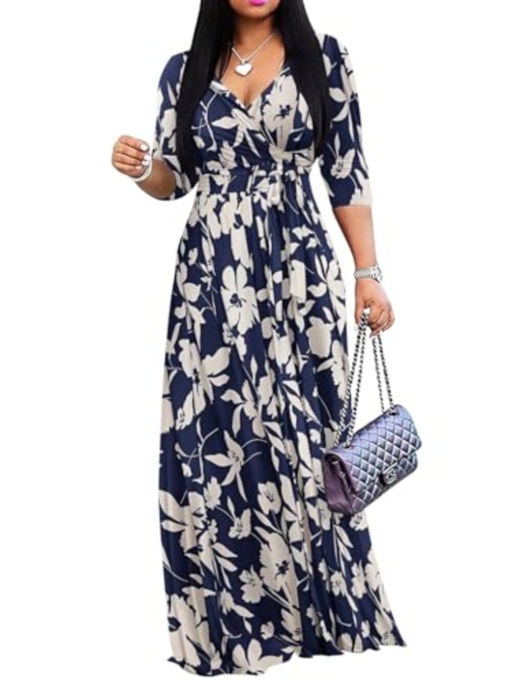 Womens Casual Summer Maxi Dress Plus Size Sexy Wrap V Neck 3/4 Sleeve PLUS SIZES